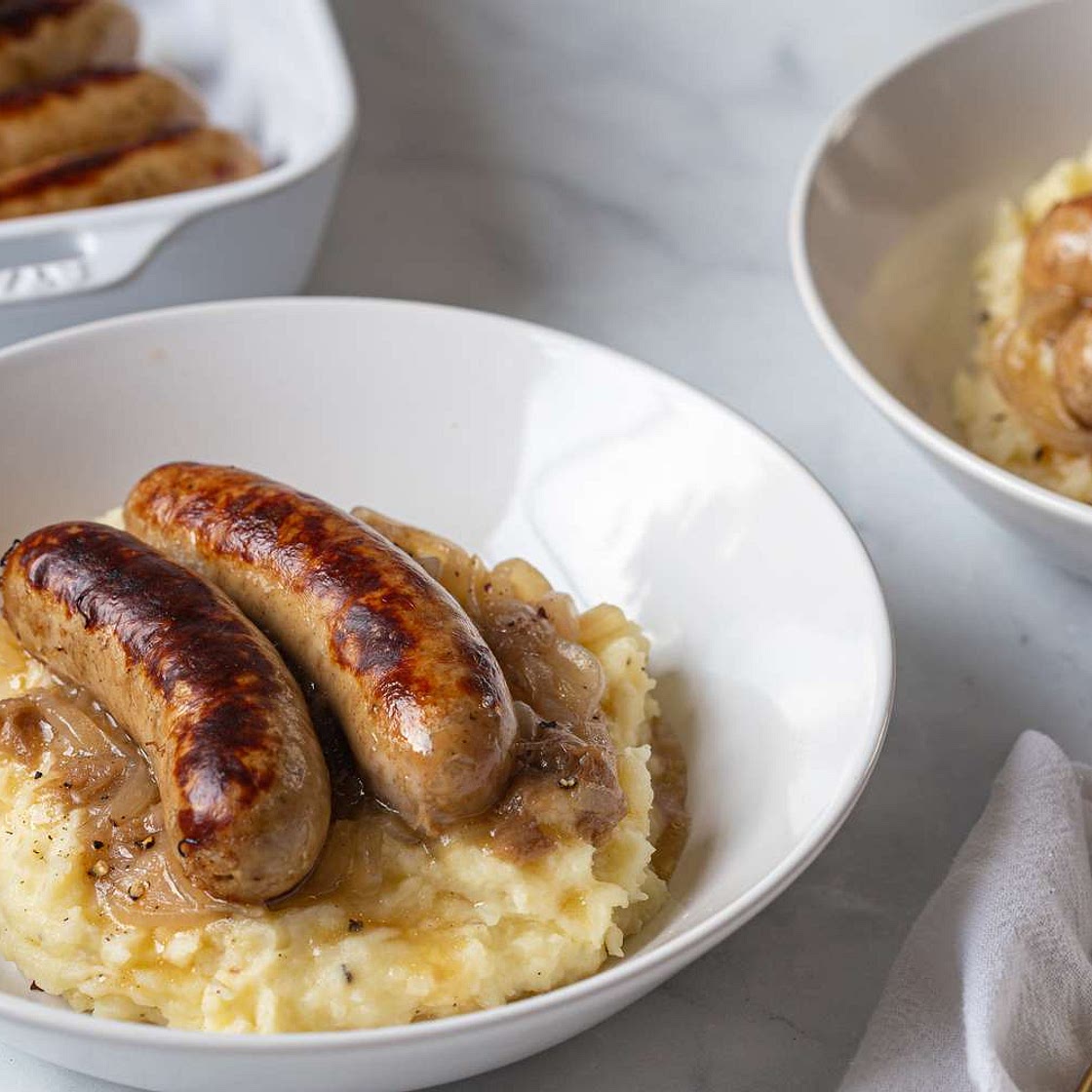 Bangers and Mash With Onion Gravy