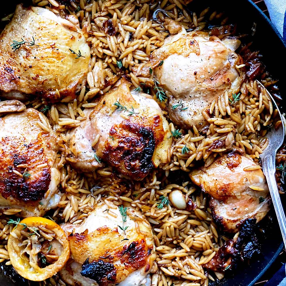 Buttermilk Chicken Thighs With Lemon Garlic Orzo