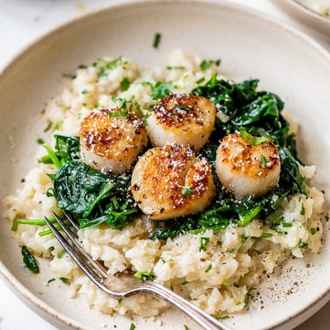 Scallops over Wilted Spinach Parmesan Risotto