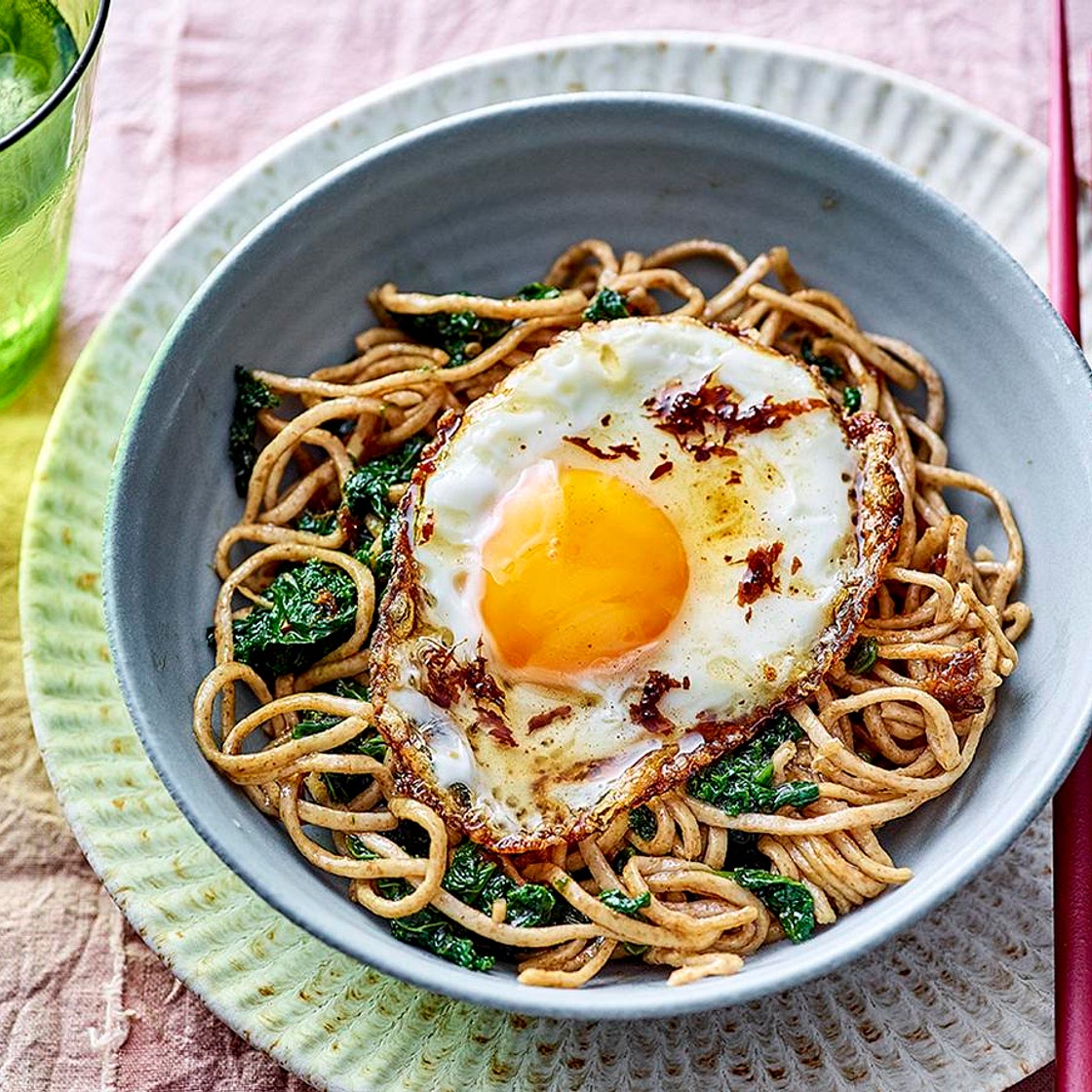 Chilli oil noodles with garlicky greens