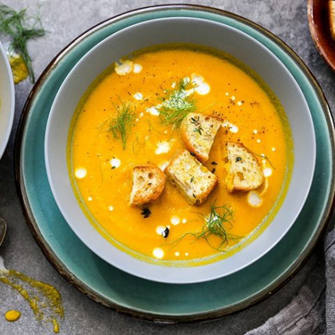 Roasted Carrot and Fennel Soup with Garlic-Thyme Croutons