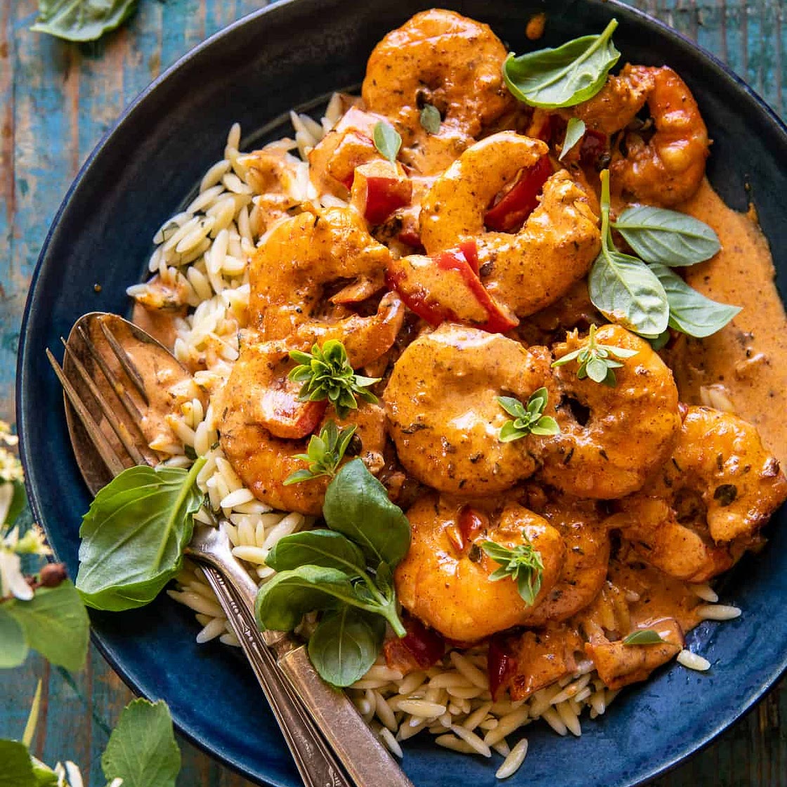Spicy Southern Style Shrimp with Lemon Basil Orzo