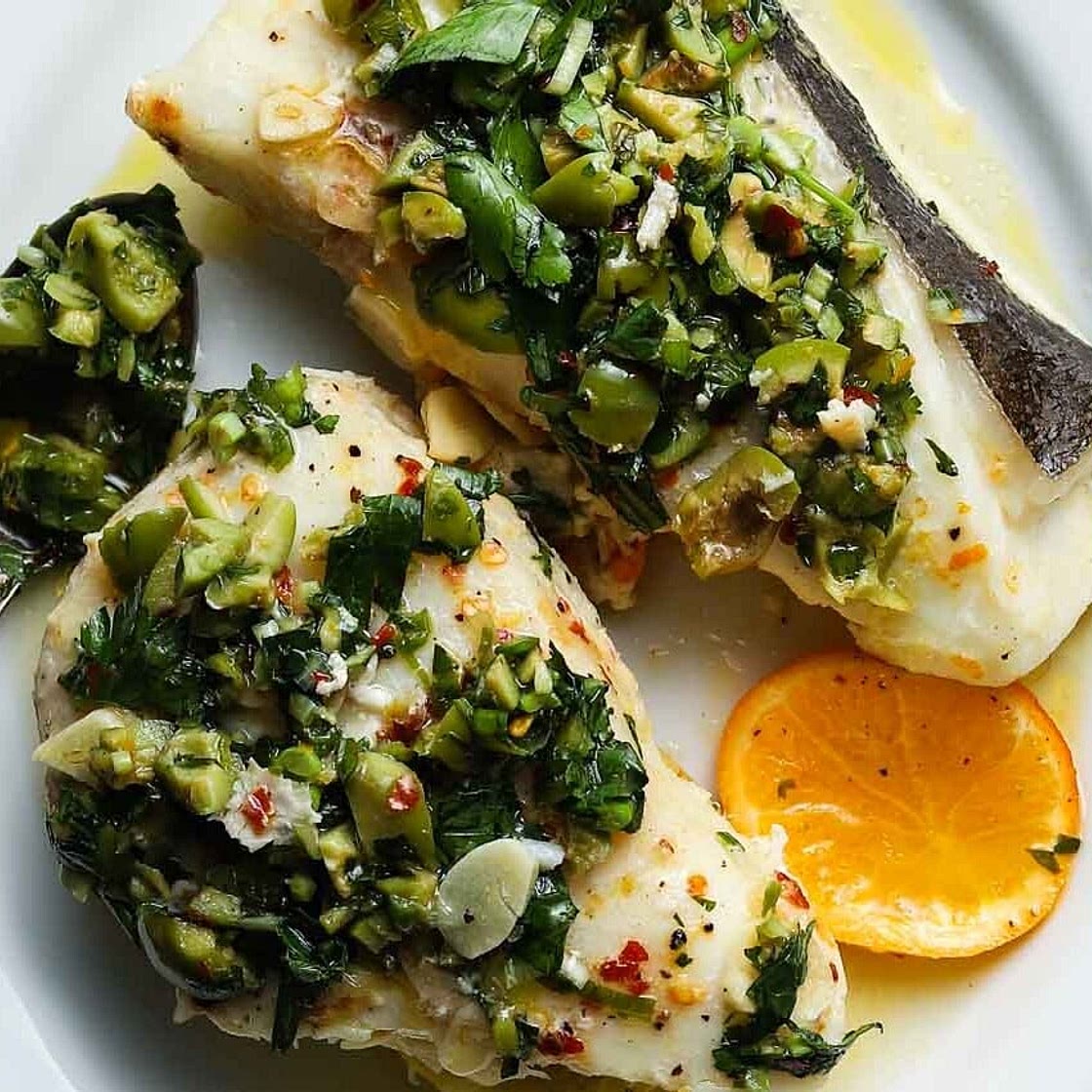 Halibut en Papillote with Green Olive Salsa Verde