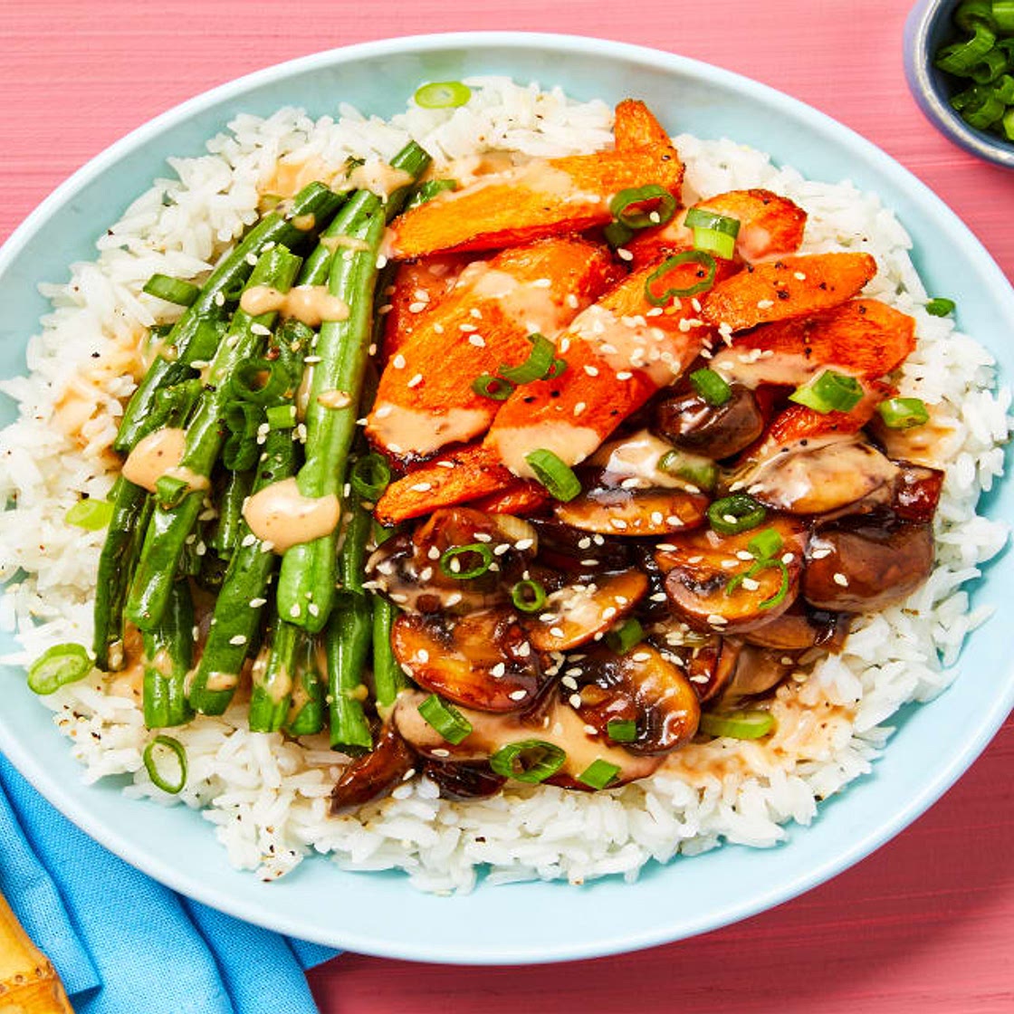 Vegan Firecracker Mushroom Rice Bowls with Roasted Veggies, Scallions & Sesame Seeds