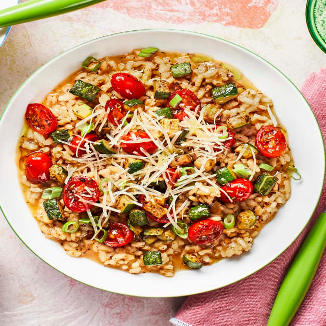 Basil-Oil-Topped Parmesan Risotto with Balsamic Tomatoes and Zucchini