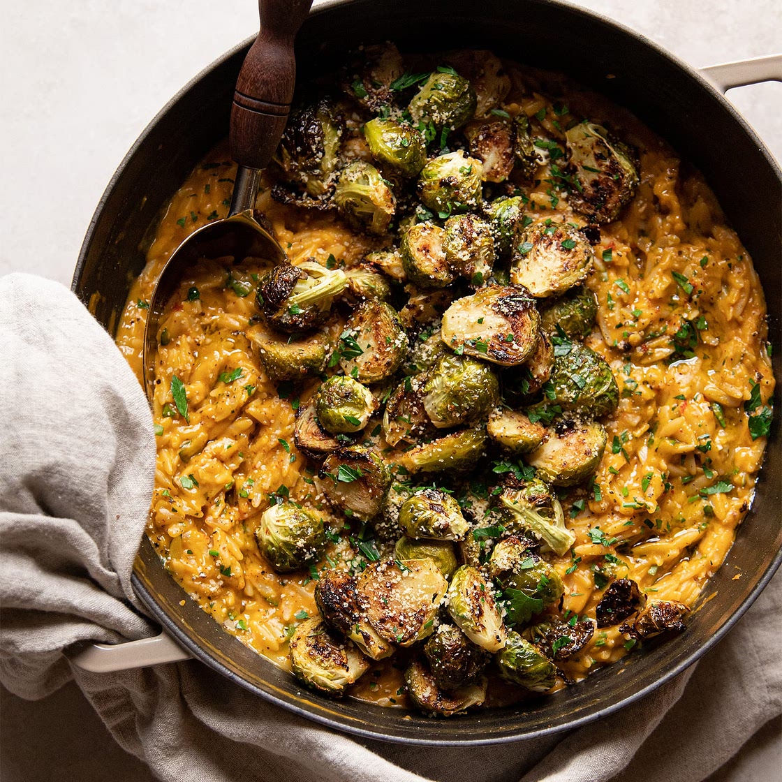 CREAMY BUTTERNUT ORZO WITH CRISPY MISO MUSTARD BRUSSELS SPROUTS