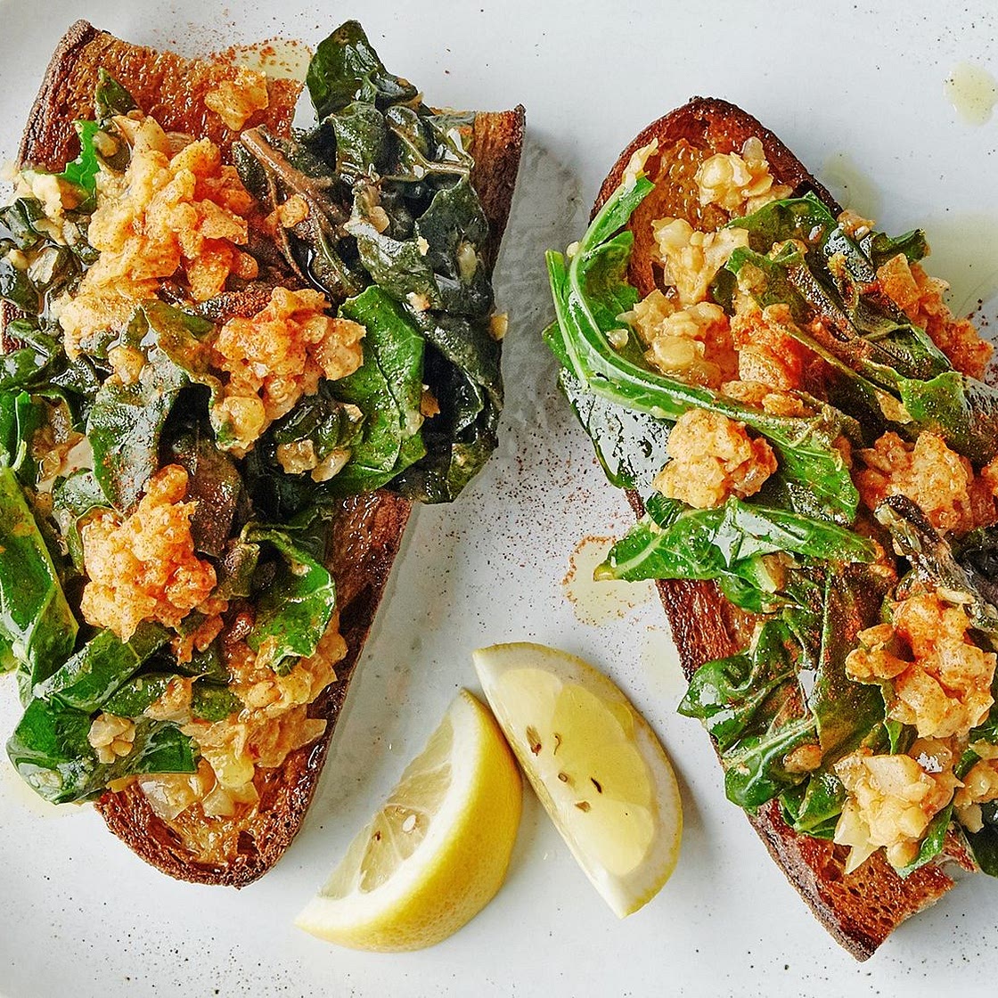 Lentil-Smothered Greens on Fried Bread