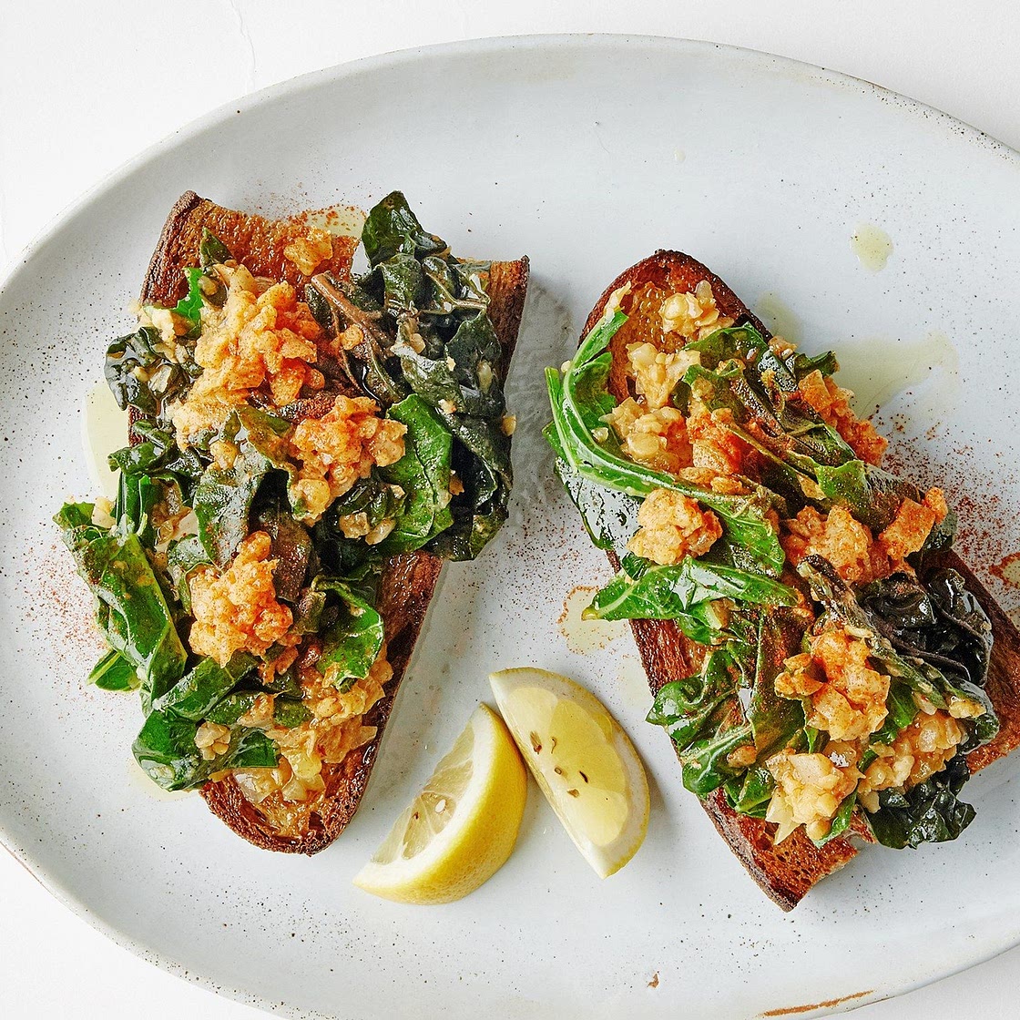 Lentil-Smothered Greens on Fried Bread