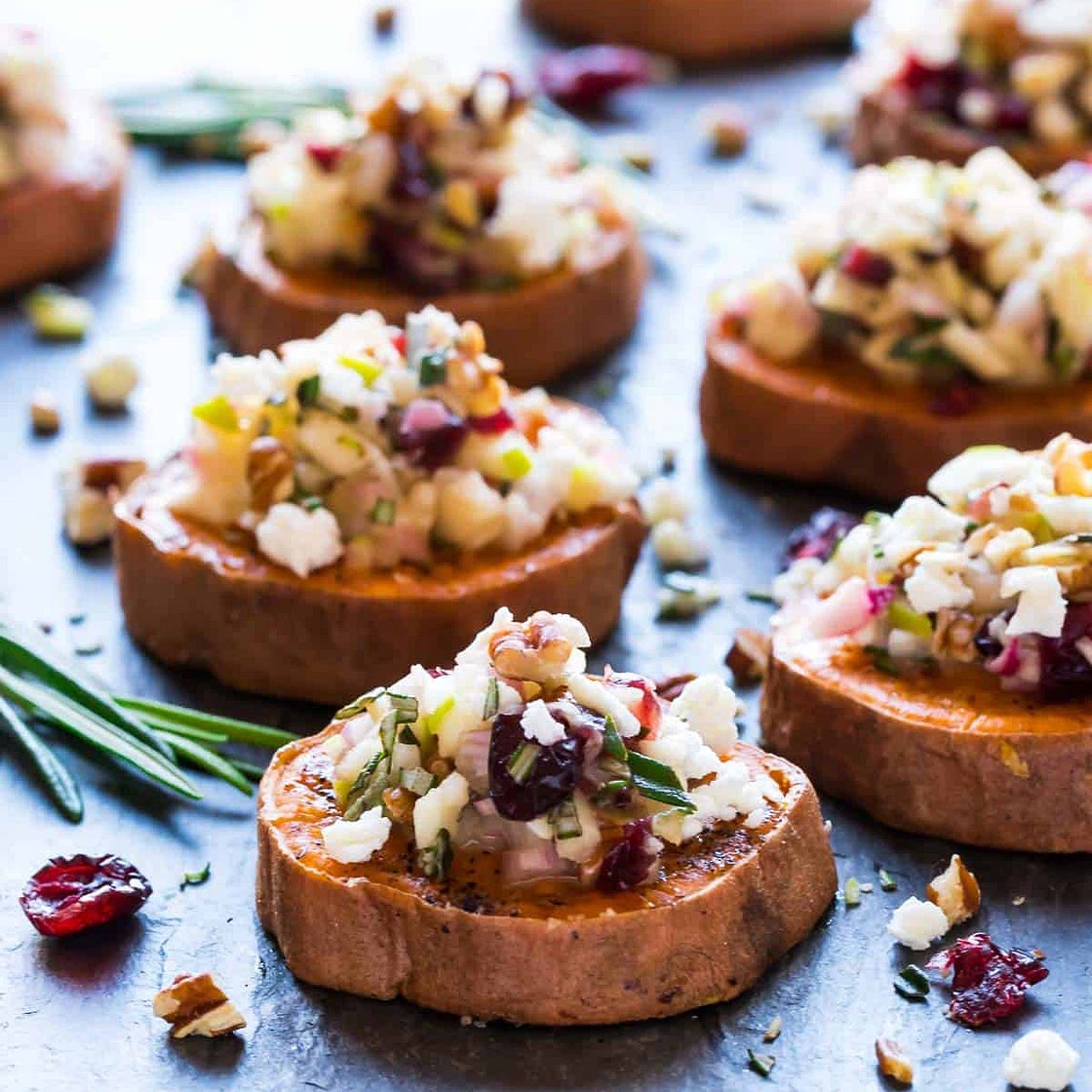 Sweet Potato Rounds with Goat Cheese, Cranberry, Apple, and Pecans