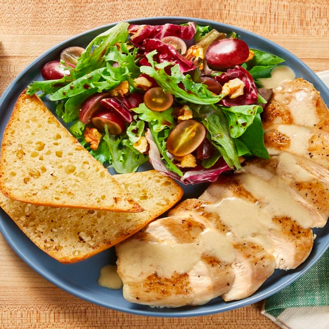 Chicken in Dijon Sauce with Balsamic Greens, Walnuts & Grapes plus Garlic Bread