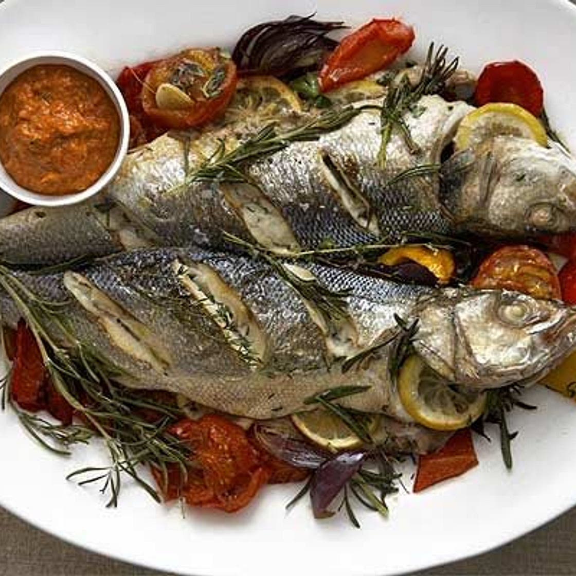 Baked sea bass with romesco sauce