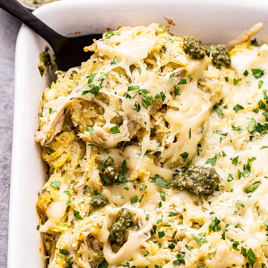 Cheesy Pesto Chicken Spaghetti Squash