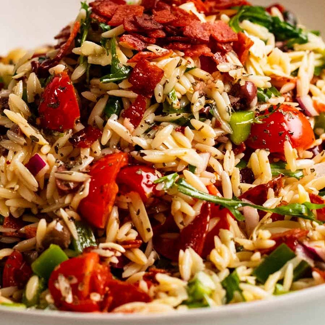 Italian Orzo Salad (Risoni) with Crispy Salami Bits