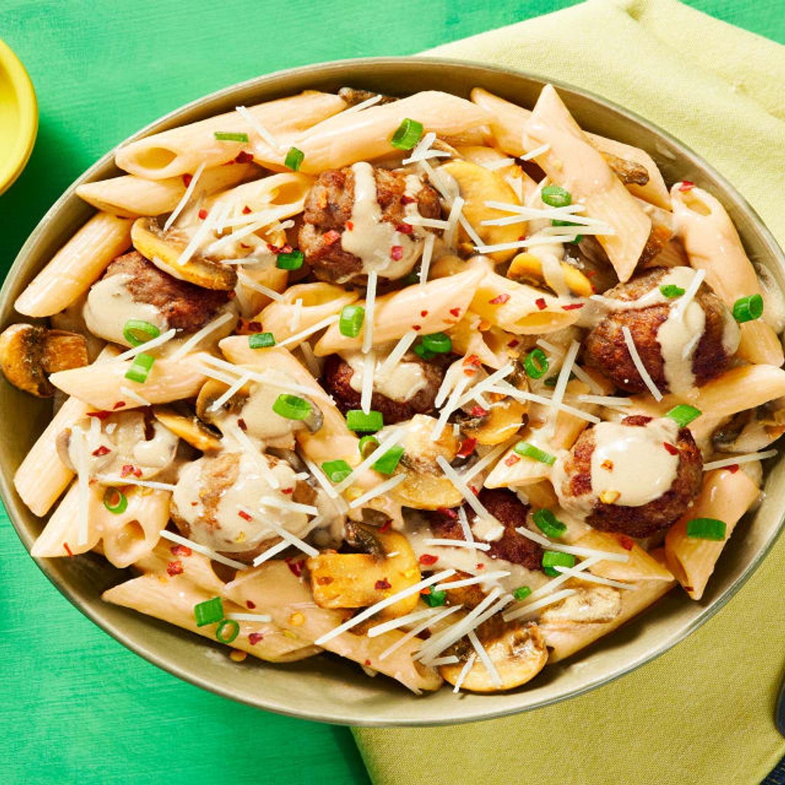 Penne with Pork Meatballs in a Creamy Mushroom Sauce