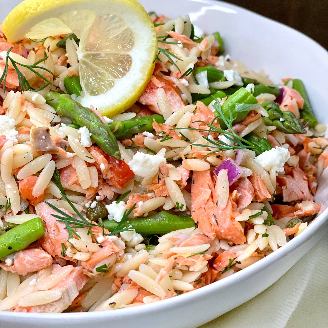 Salmon, Asparagus, and Dill Orzo Salad with Lemon Pepper Vinaigrette