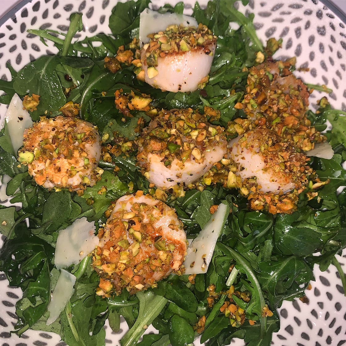 Arugula Salad with Pistachio Crusted Scallops
