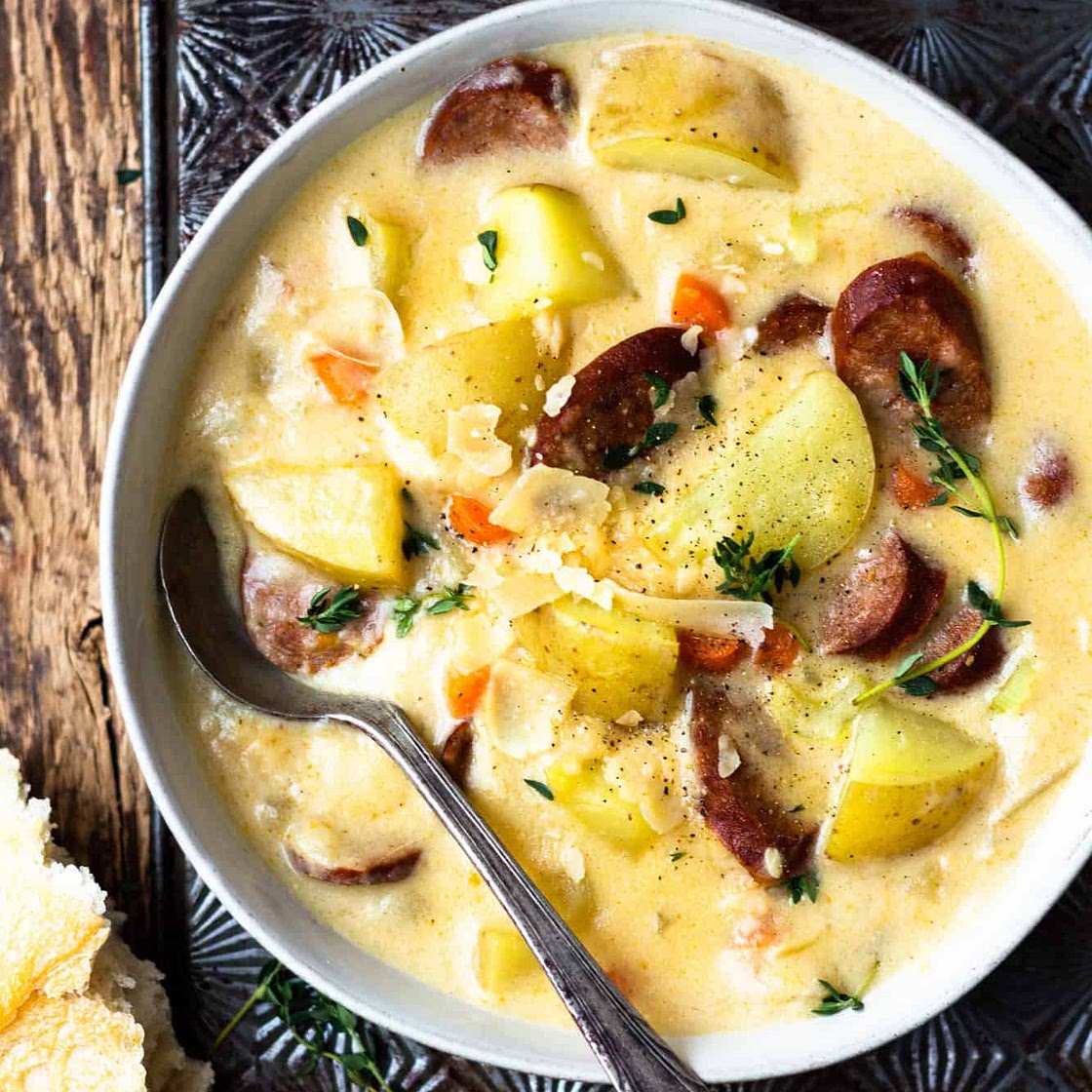 One Pot Smoked Sausage and Potato Cheese Soup