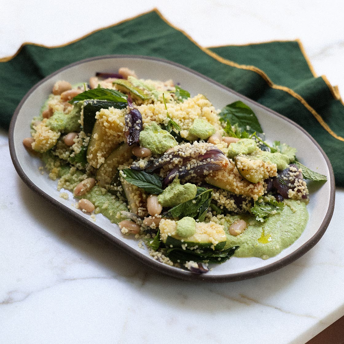 Green Romesco and Couscous Salad with Roasted Zucchini