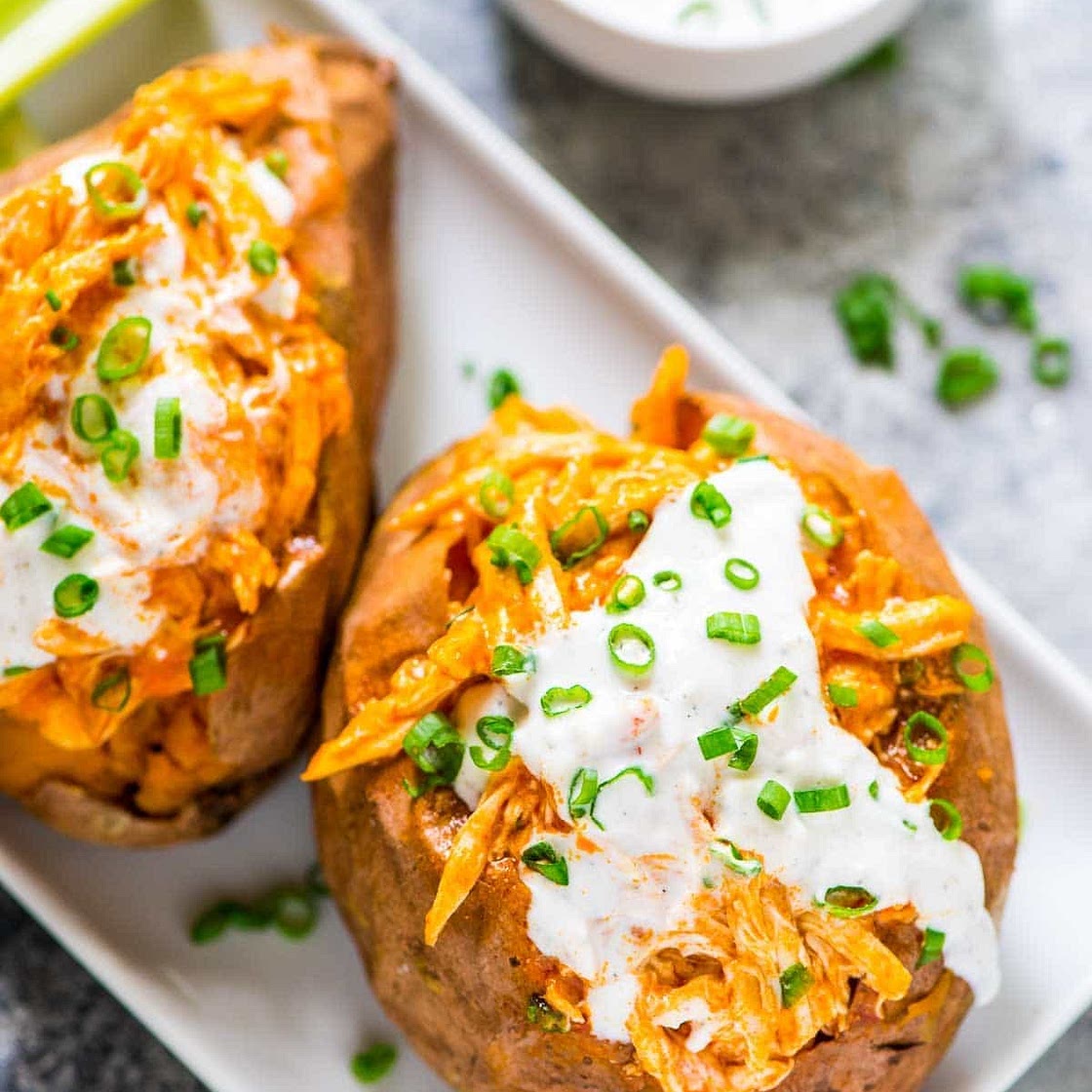 Slow Cooker Buffalo Chicken Sweet Potatoes