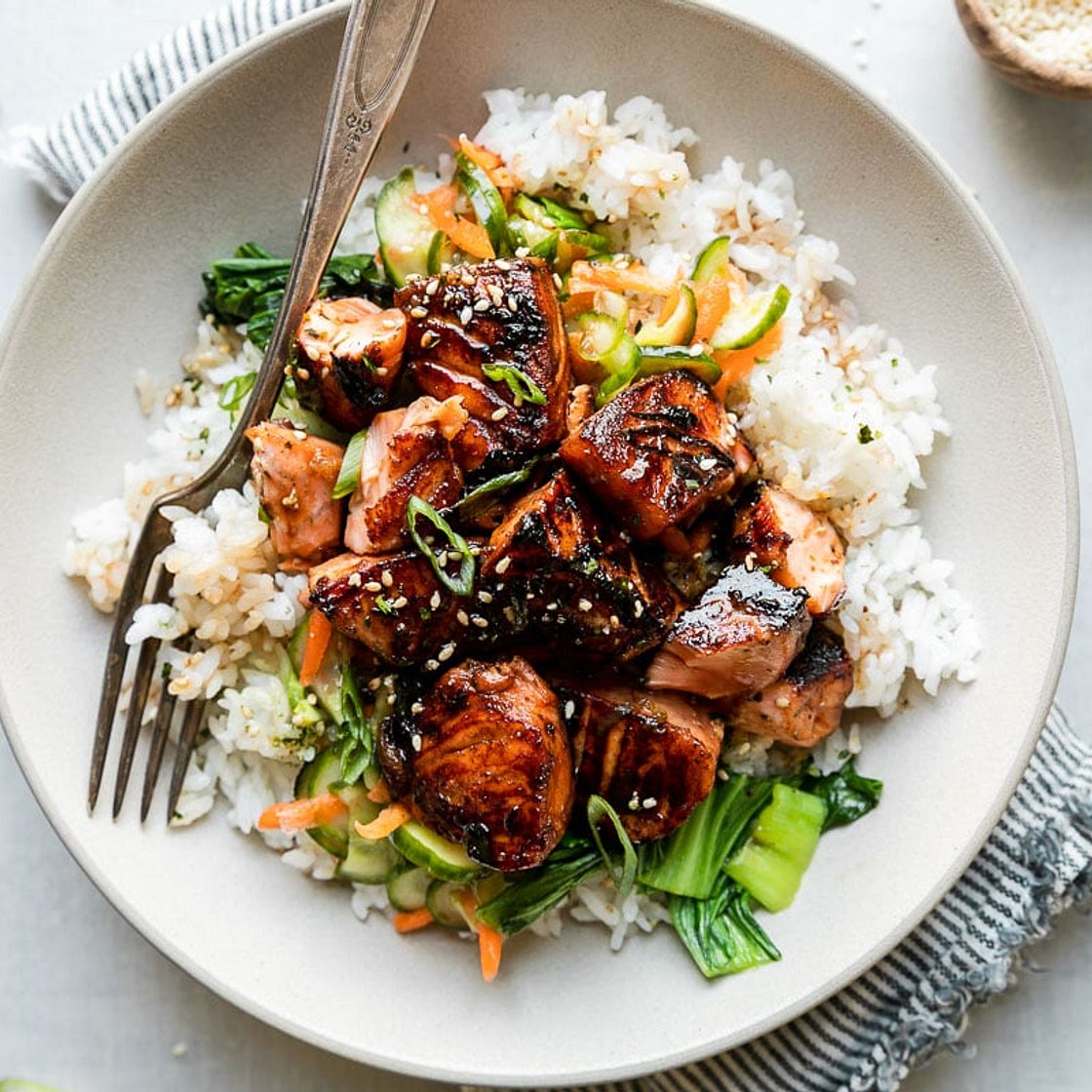Soy-Glazed Seared Salmon Rice Bowls with Namasu