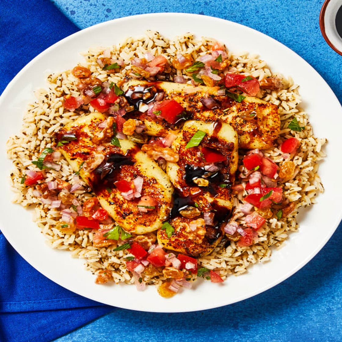 Spicy Balsamic-Glazed Grilling Cheese over Rice with Tomato-Walnut Relish