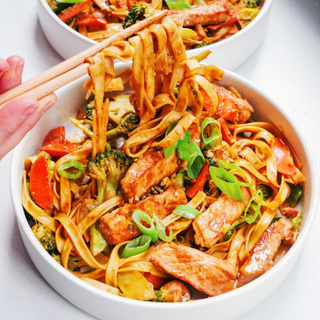 Pork and Noodle Stir Fry in a Savory Peanut Sauce