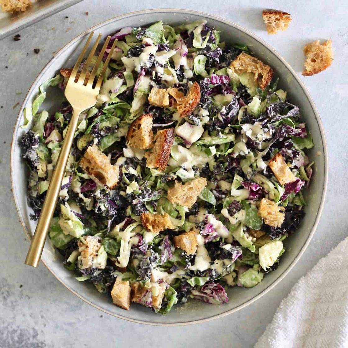 Favorite Vegan Kale Caesar Salad with Brussels Sprouts