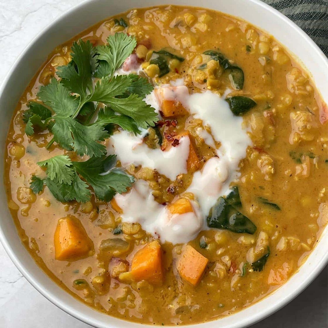 Red Curry Lentils With Sweet Potatoes And Spinach