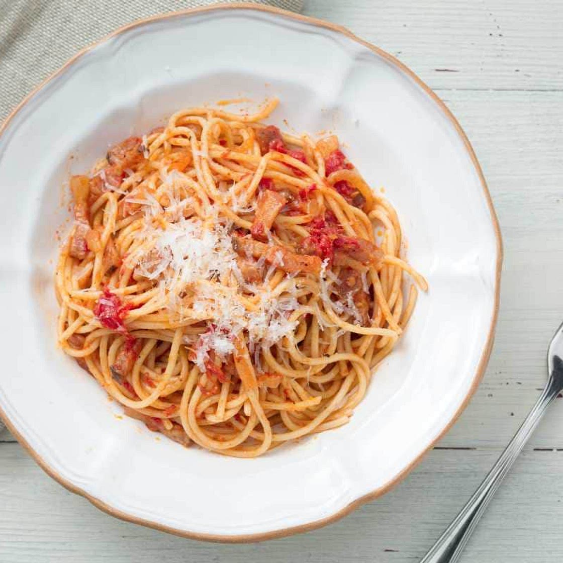 Spaghetti Amatriciana (Spaghetti with guanciale and tomato)