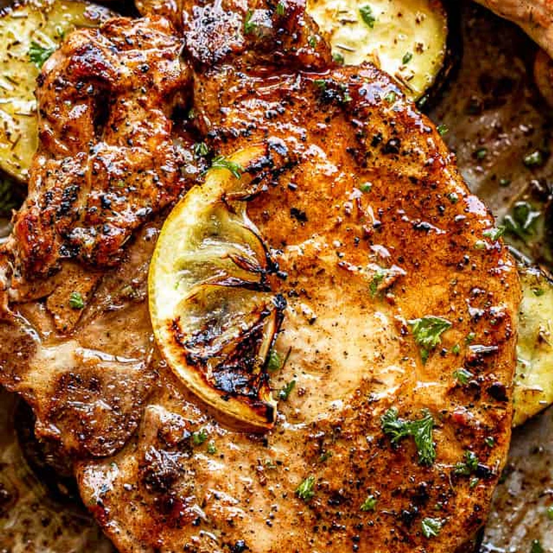 Lemon Garlic Baked Pork Chops with Squash and Potatoes