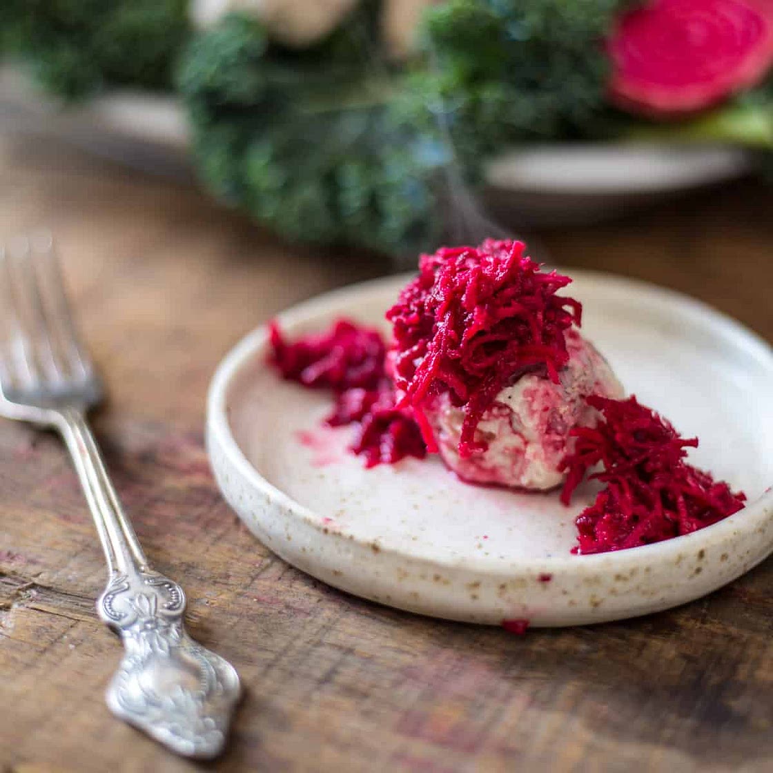 Polish gefilte fish and beetroot horseradish chrein