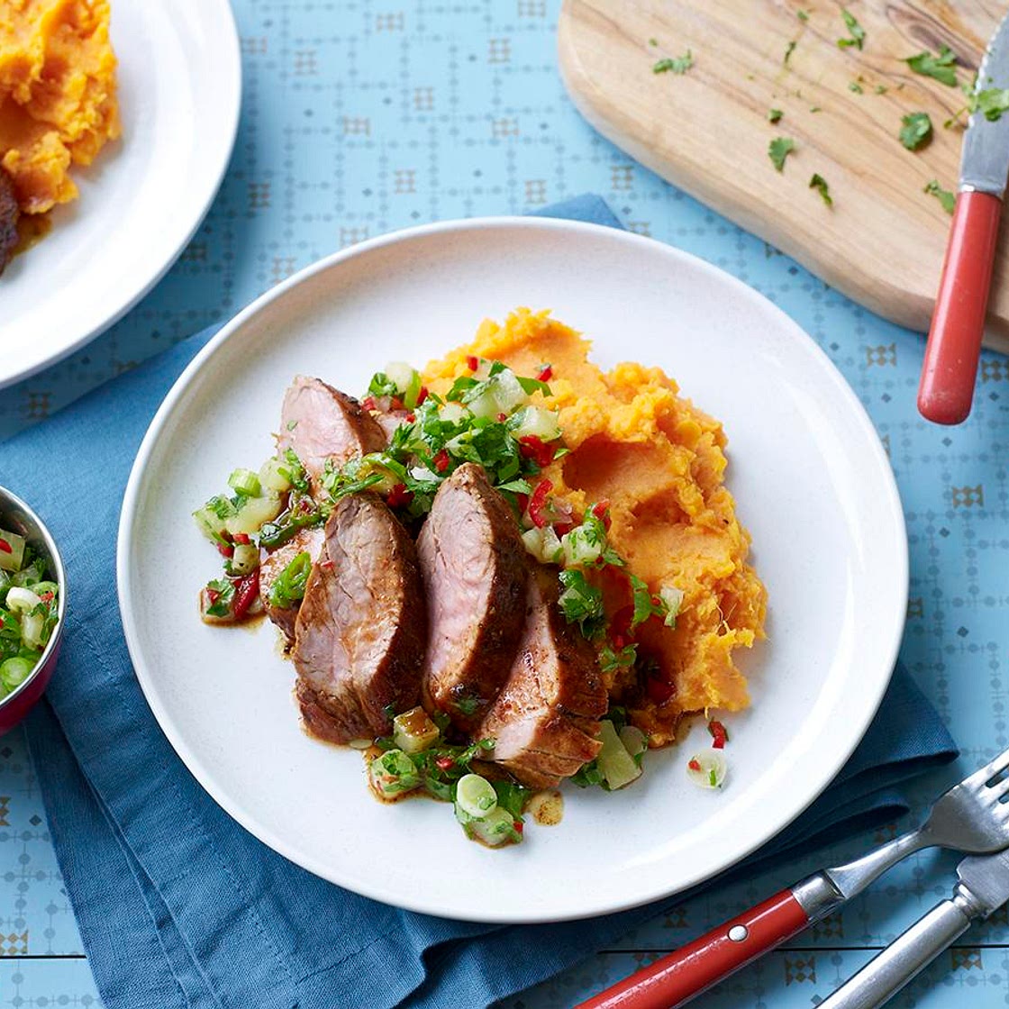 Jerk pork with sweet potato mash