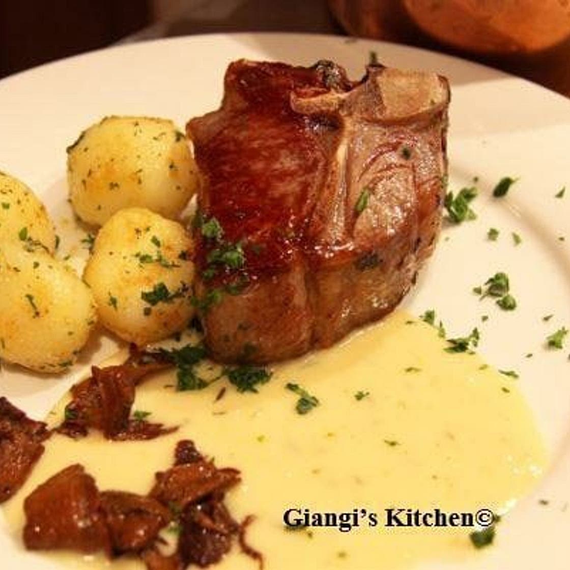 Pan Fired Lamb Chops with Garlic Cream and Porcini Mushrooms