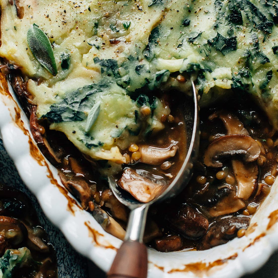 Mushroom Gravy Pie with Garlicky Kale Mashed Potatoes