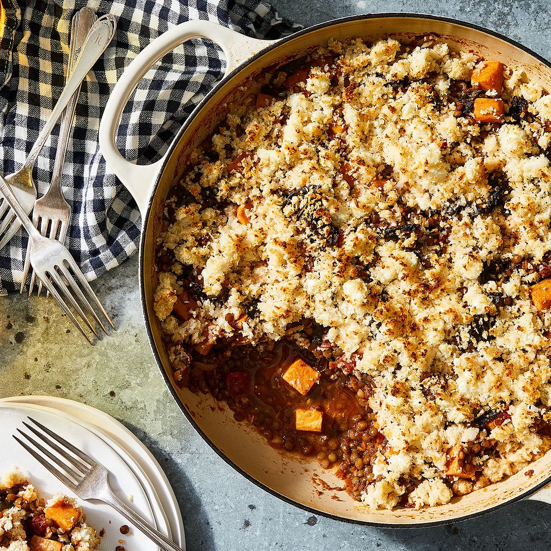 One-Pan Lentil Gratin With Sweet Potatoes & Mustard-Chèvre Crumbs