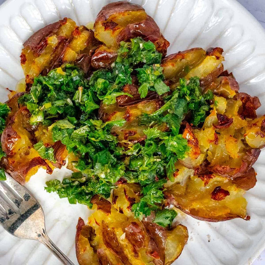 Crispy Smashed Potatoes Recipe With Garlic Herb Chimichurri