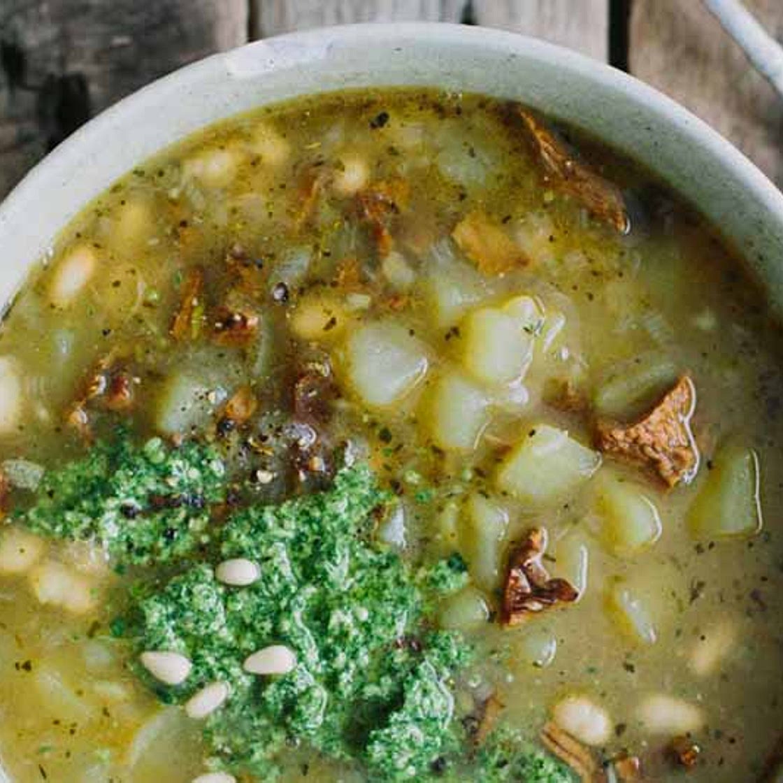 Potato and Chanterelle Soup with Fresh Arugula Pesto (Vegan)