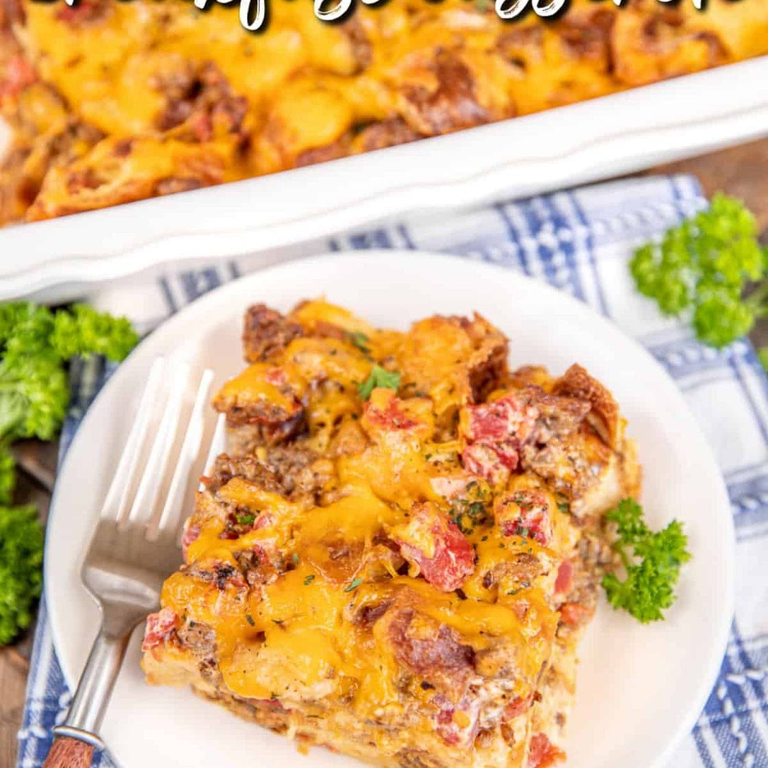 Rotel Sausage & Cream Cheese Croissant Breakfast Casserole