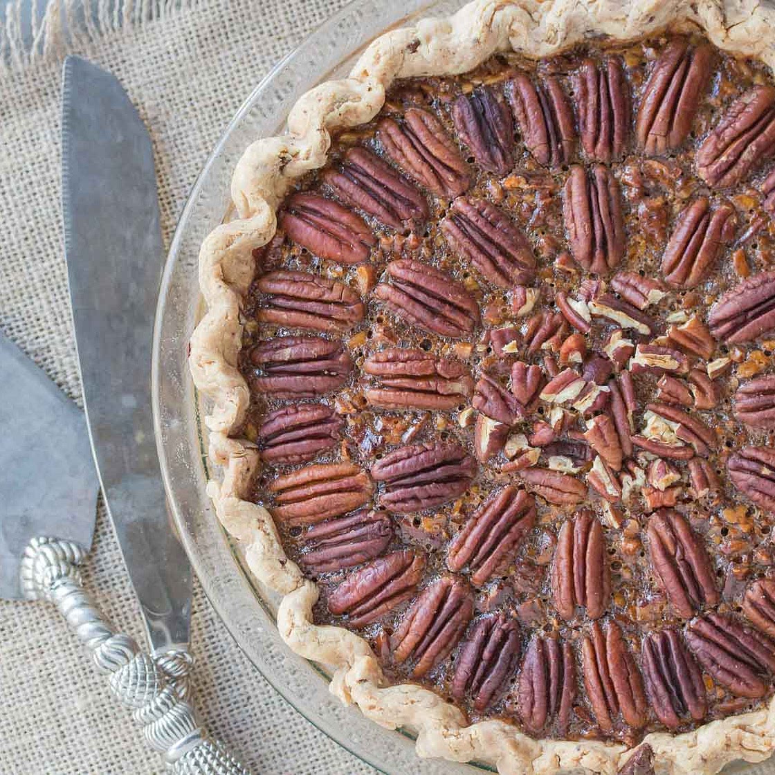 Browned Butter Salted Caramel Pecan Pie in a Chocolate Flecked Pastry Crust