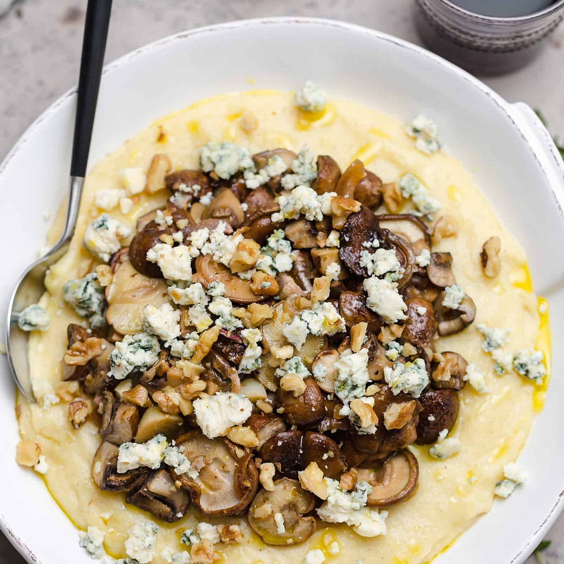 Creamy Polenta with Roasted Mushrooms & Blue Cheese