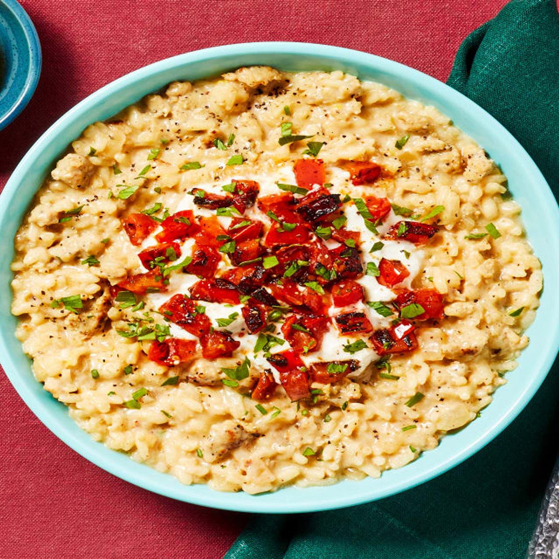 Blistered Tomato & Chicken Sausage Risotto with Whipped Ricotta & Lemon