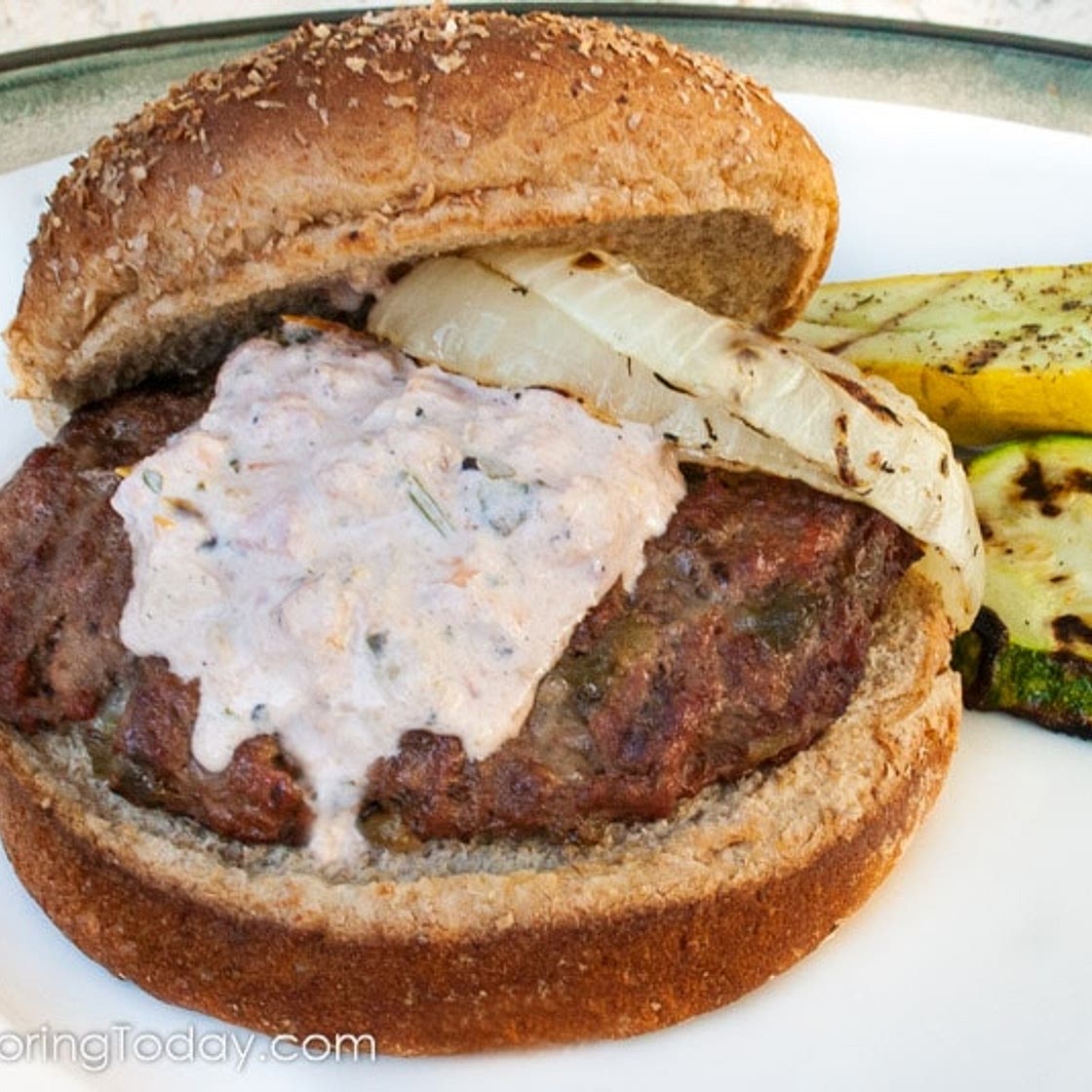 Roasted Green Chile Burgers with Grilled Sweet Onions and Salsa Mayo