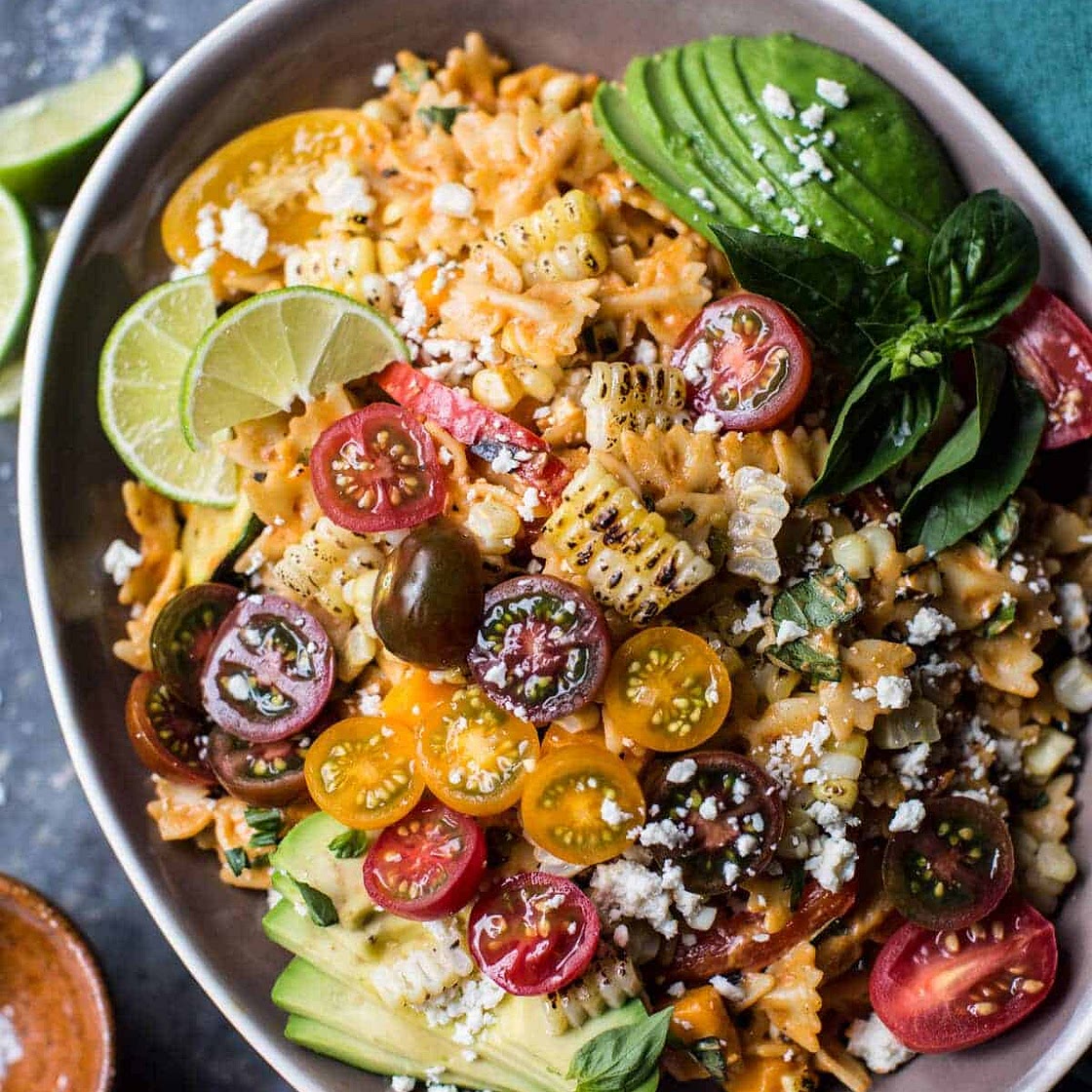 Charred Corn and Zucchini Enchilada Pasta Salad
