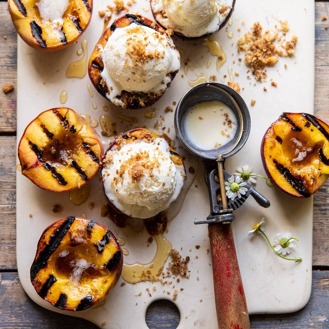 Browned Butter Grilled Peaches with Cinnamon "Toast" Brioche Crumbs