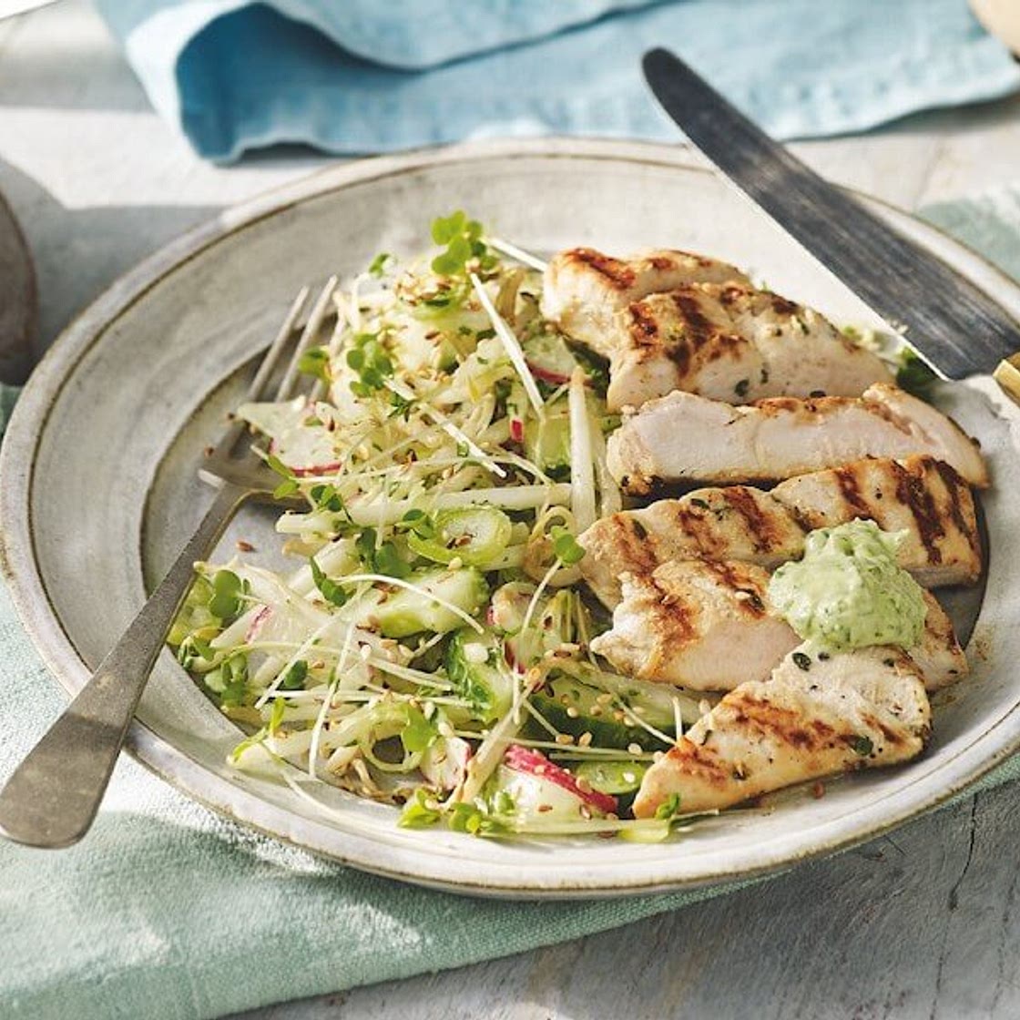 Grilled chicken salad with avocado dressing