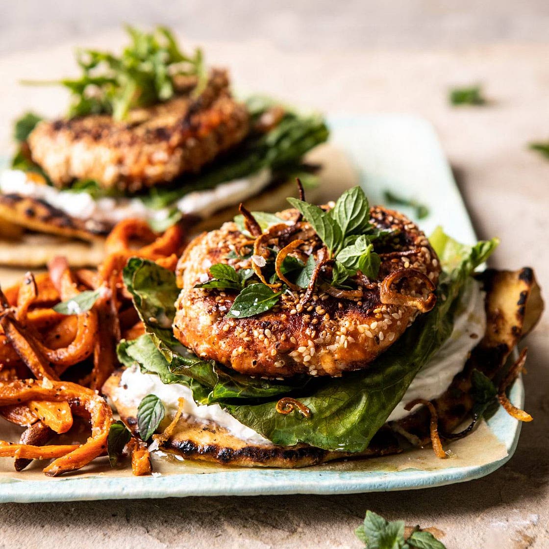 Sesame Crusted Curried Salmon Burgers with Lemony Herbs