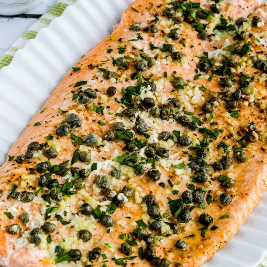 Slow Roasted Salmon with Butter, Garlic, Capers, and Lemon