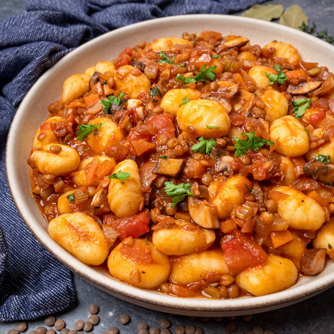 Vegan Gnocchi Ragu with Mushrooms and Lentils