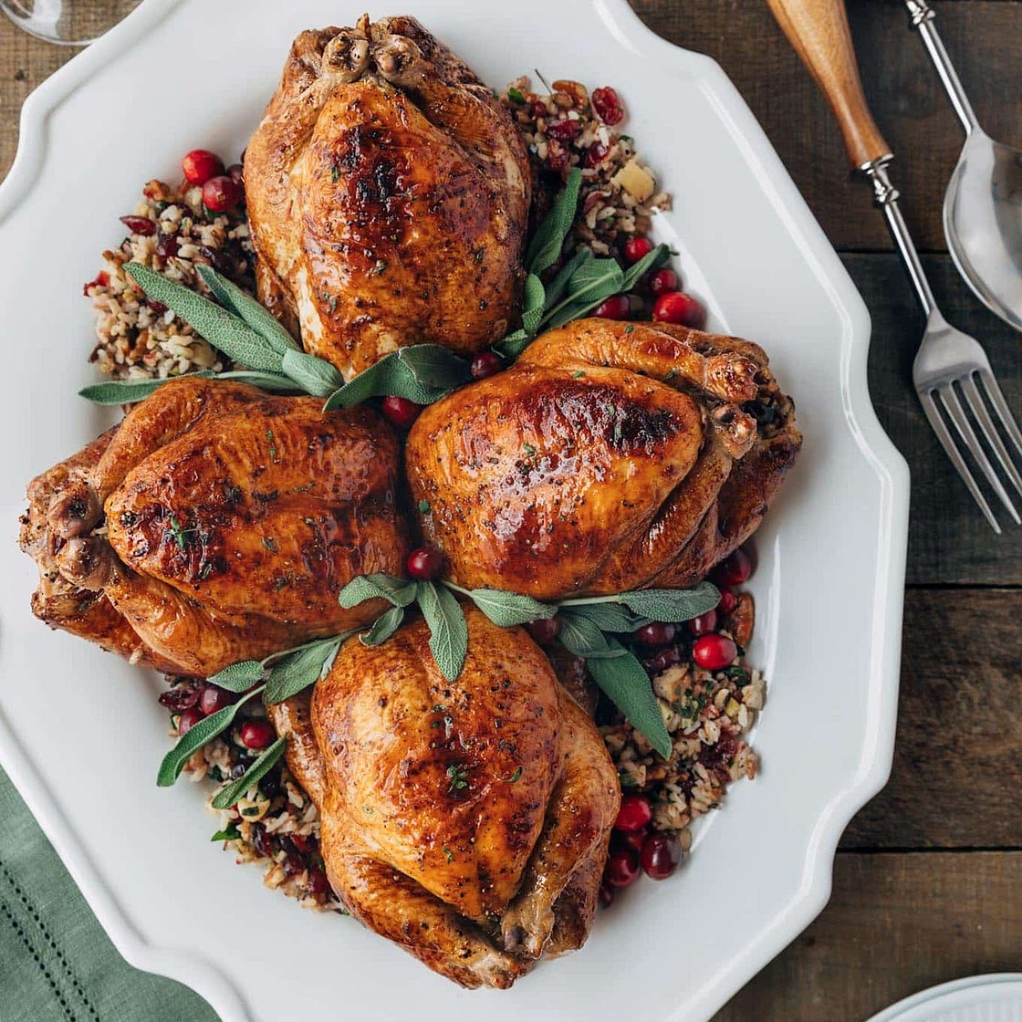 Cornish Hens with Apple-Cranberry Rice Stuffing