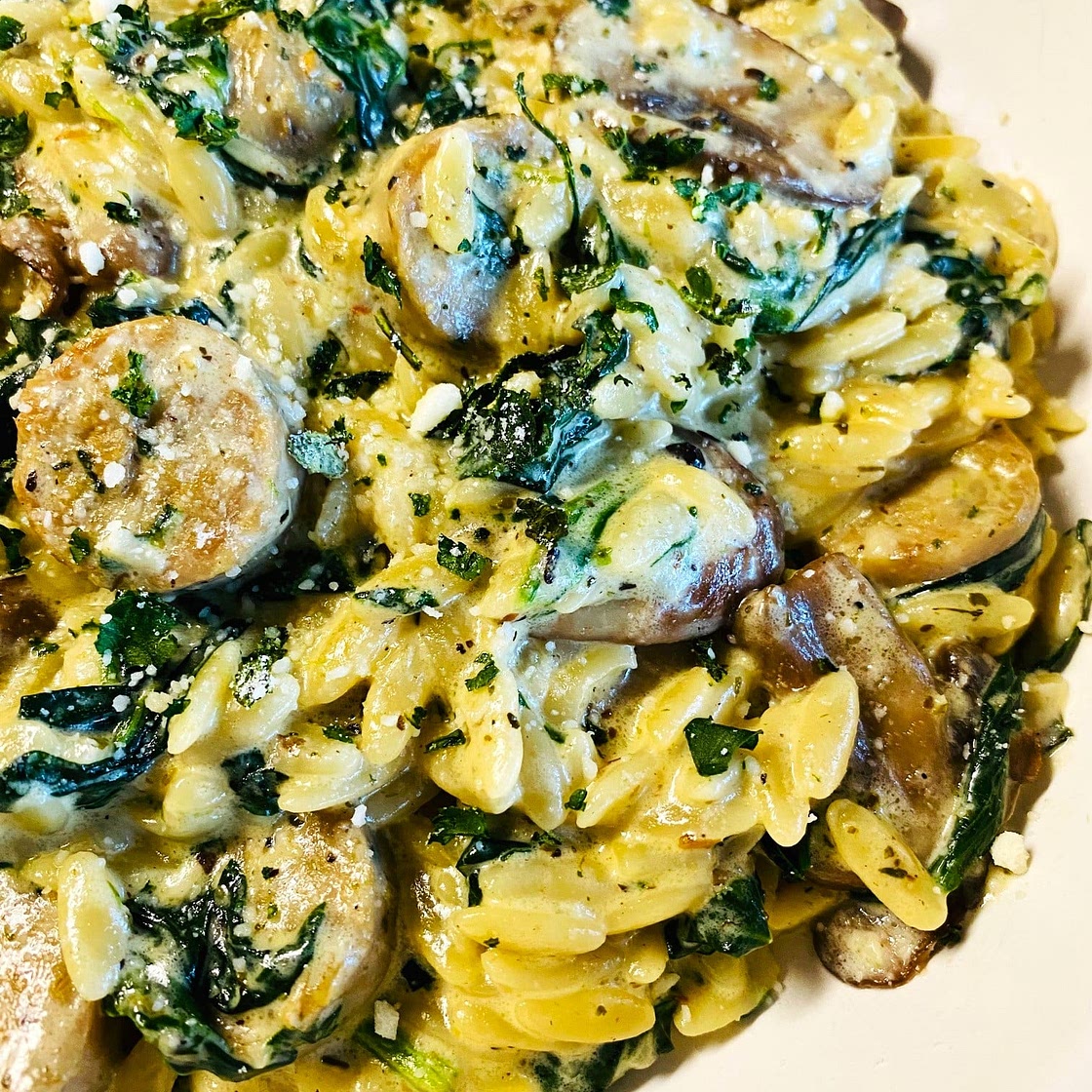 Sausage Mushroom Orzo Alfredo